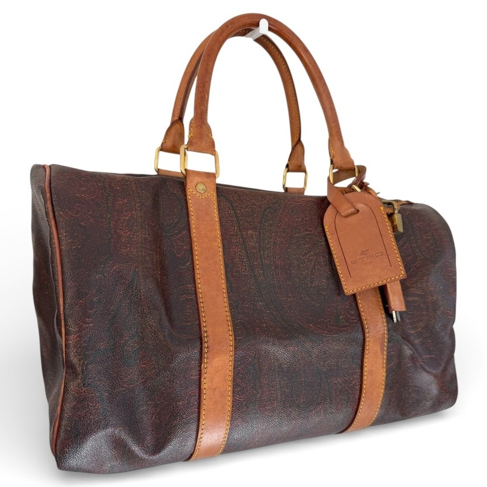 Etro Vintage Paisley Weekender Satchel Bag Coated Canvas Leather Lock